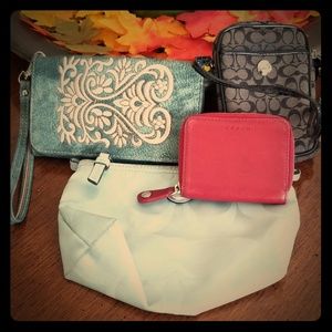 Bundle of makeup bag, clutch, coin purse, wristlet